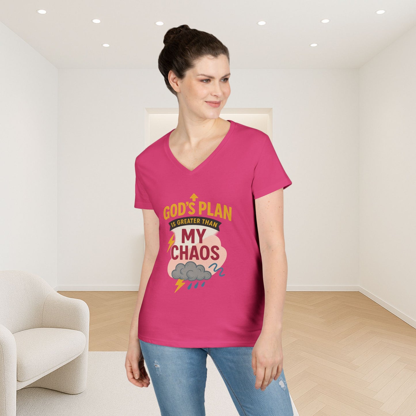 V-Neck T-Shirt – God’s Plan Greater Than My Chaos