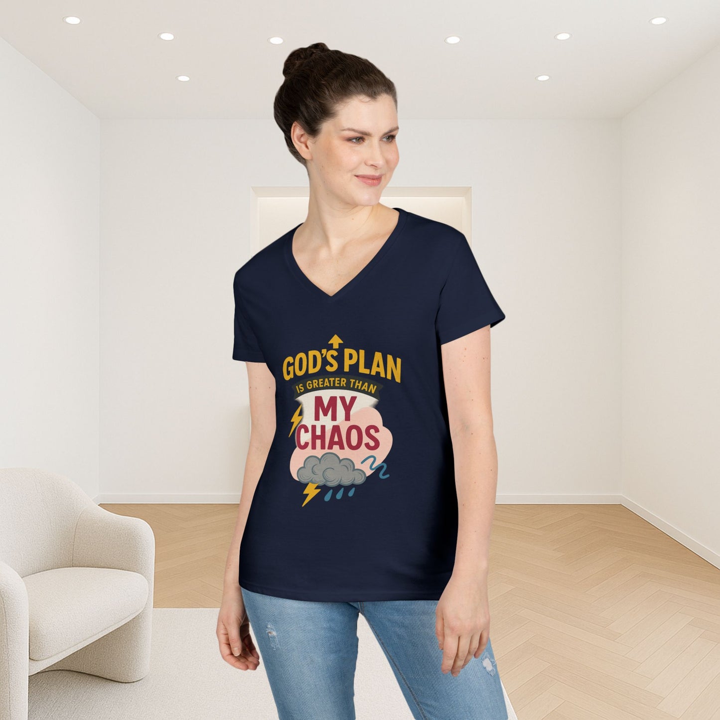 V-Neck T-Shirt – God’s Plan Greater Than My Chaos