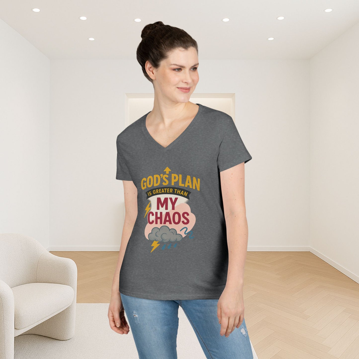 V-Neck T-Shirt – God’s Plan Greater Than My Chaos