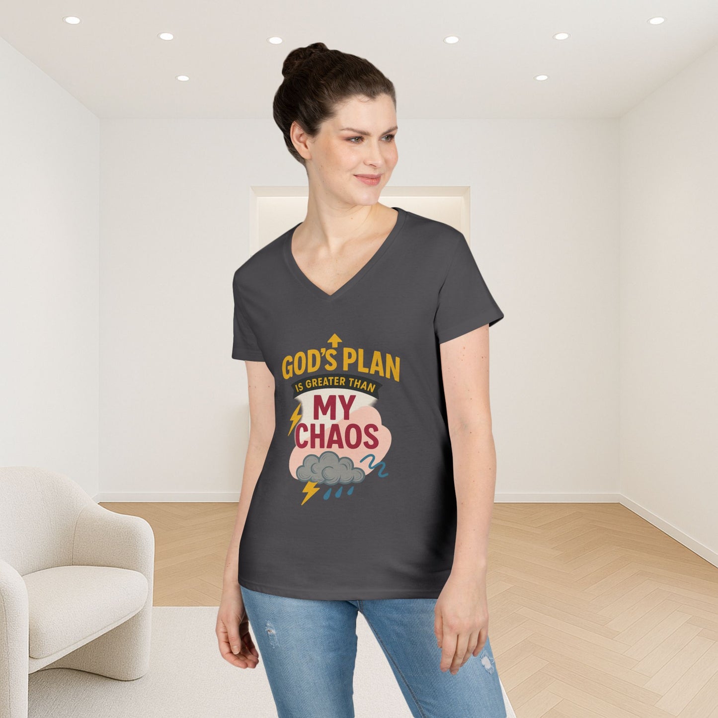 V-Neck T-Shirt – God’s Plan Greater Than My Chaos