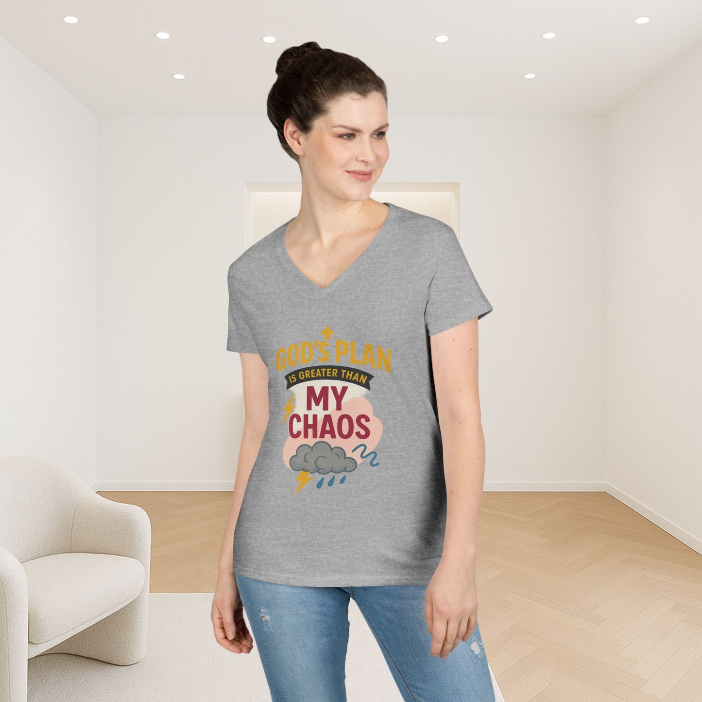 V-Neck T-Shirt – God’s Plan Greater Than My Chaos