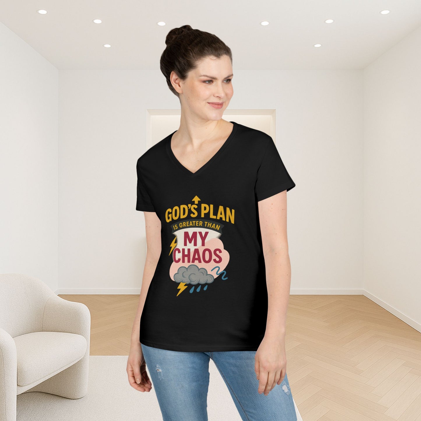 V-Neck T-Shirt – God’s Plan Greater Than My Chaos