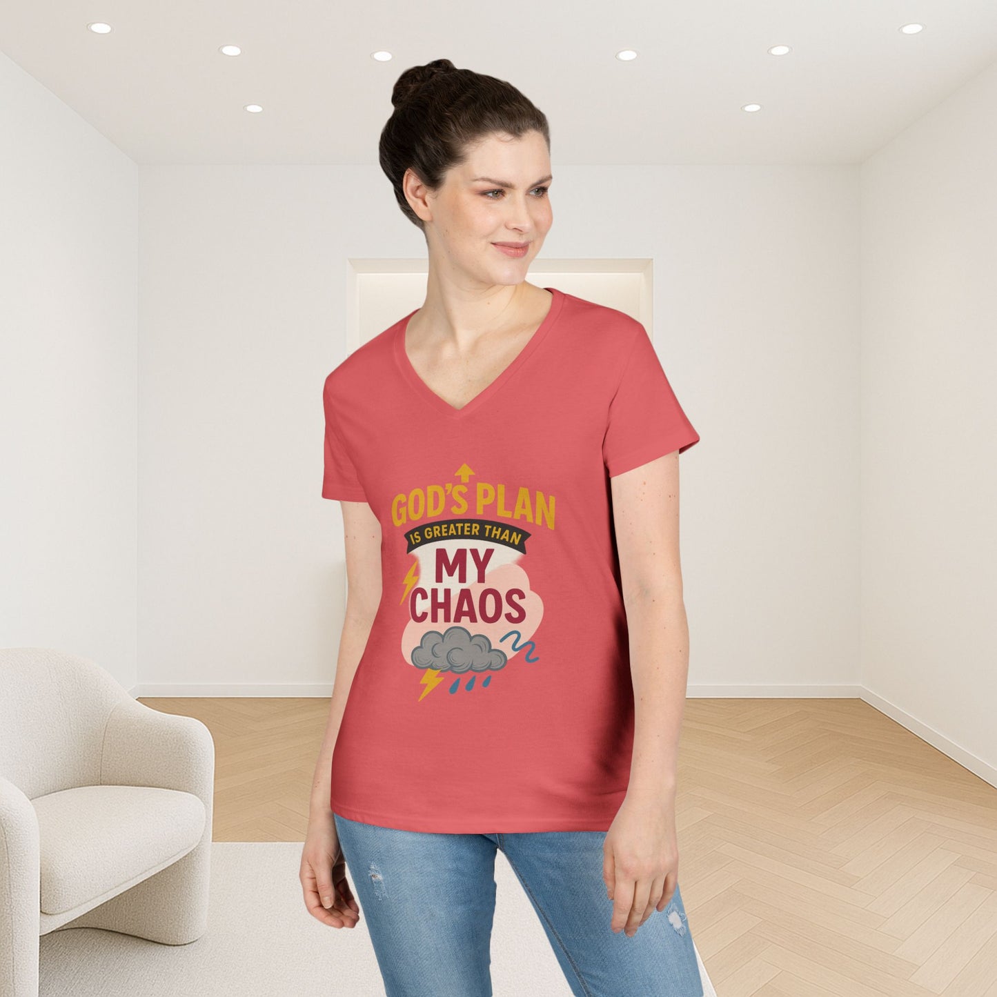 V-Neck T-Shirt – God’s Plan Greater Than My Chaos