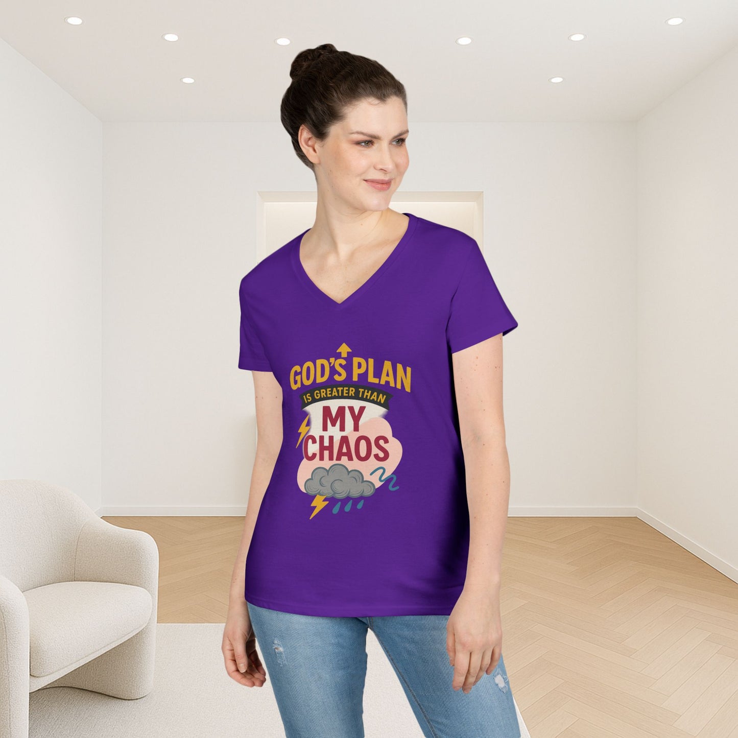 V-Neck T-Shirt – God’s Plan Greater Than My Chaos