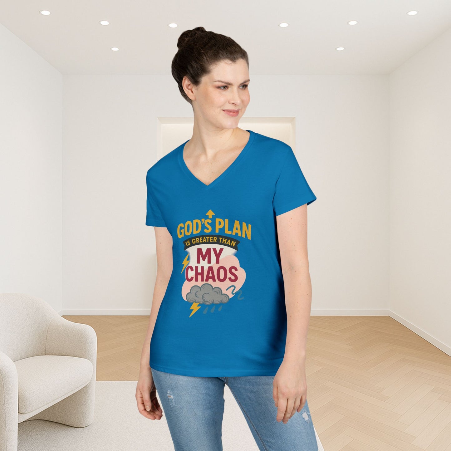 V-Neck T-Shirt – God’s Plan Greater Than My Chaos