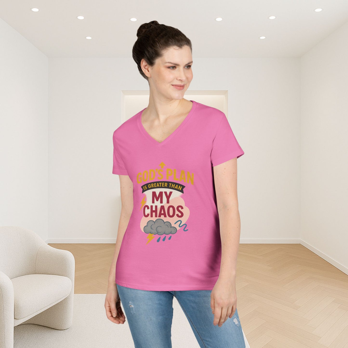 V-Neck T-Shirt – God’s Plan Greater Than My Chaos