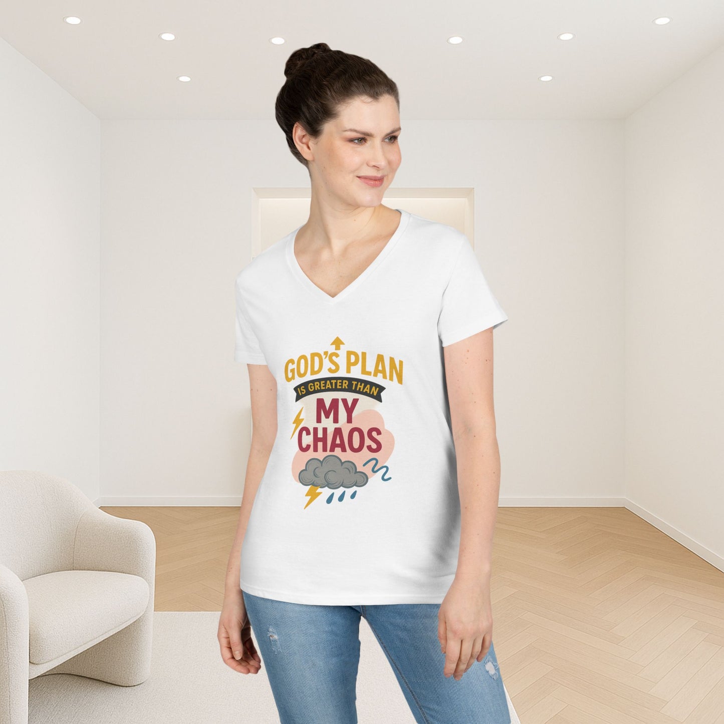 V-Neck T-Shirt – God’s Plan Greater Than My Chaos