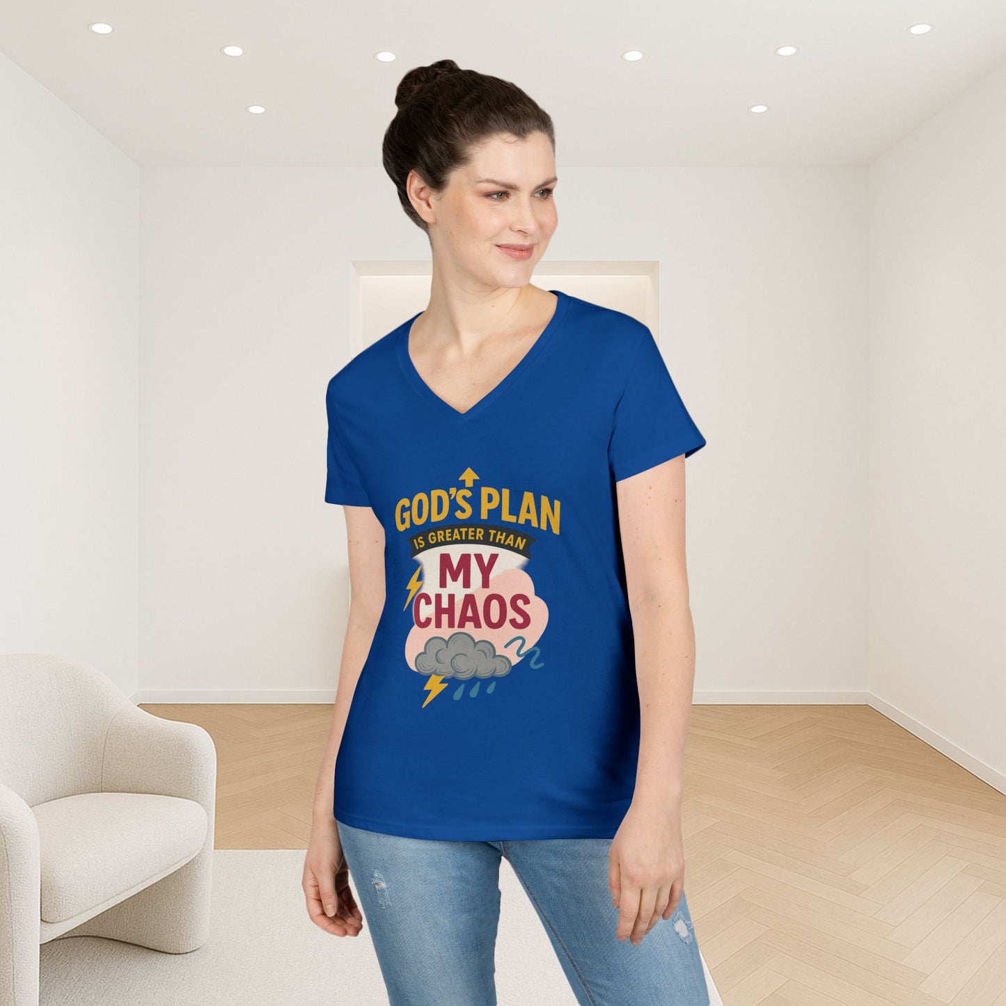 V-Neck T-Shirt – God’s Plan Greater Than My Chaos