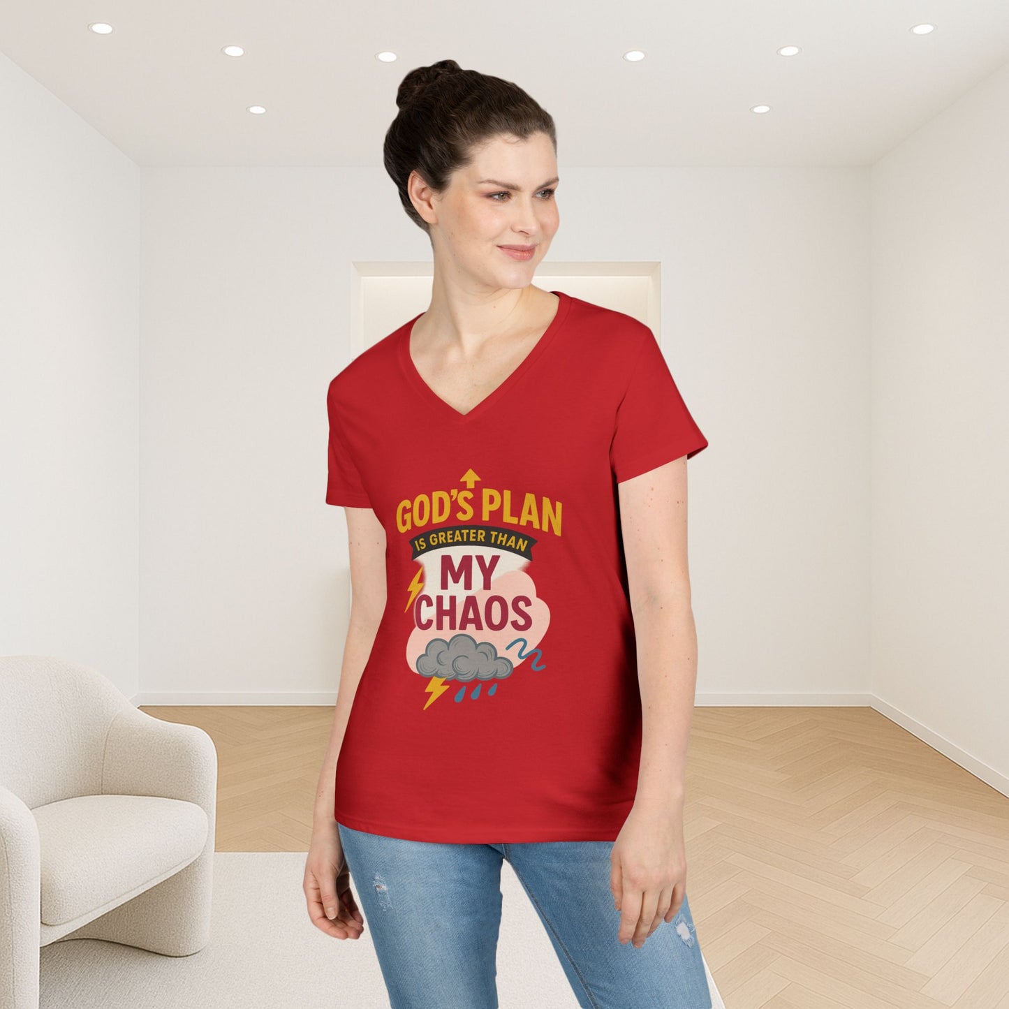 V-Neck T-Shirt – God’s Plan Greater Than My Chaos