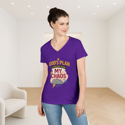 V-Neck T-Shirt – God’s Plan Greater Than My Chaos